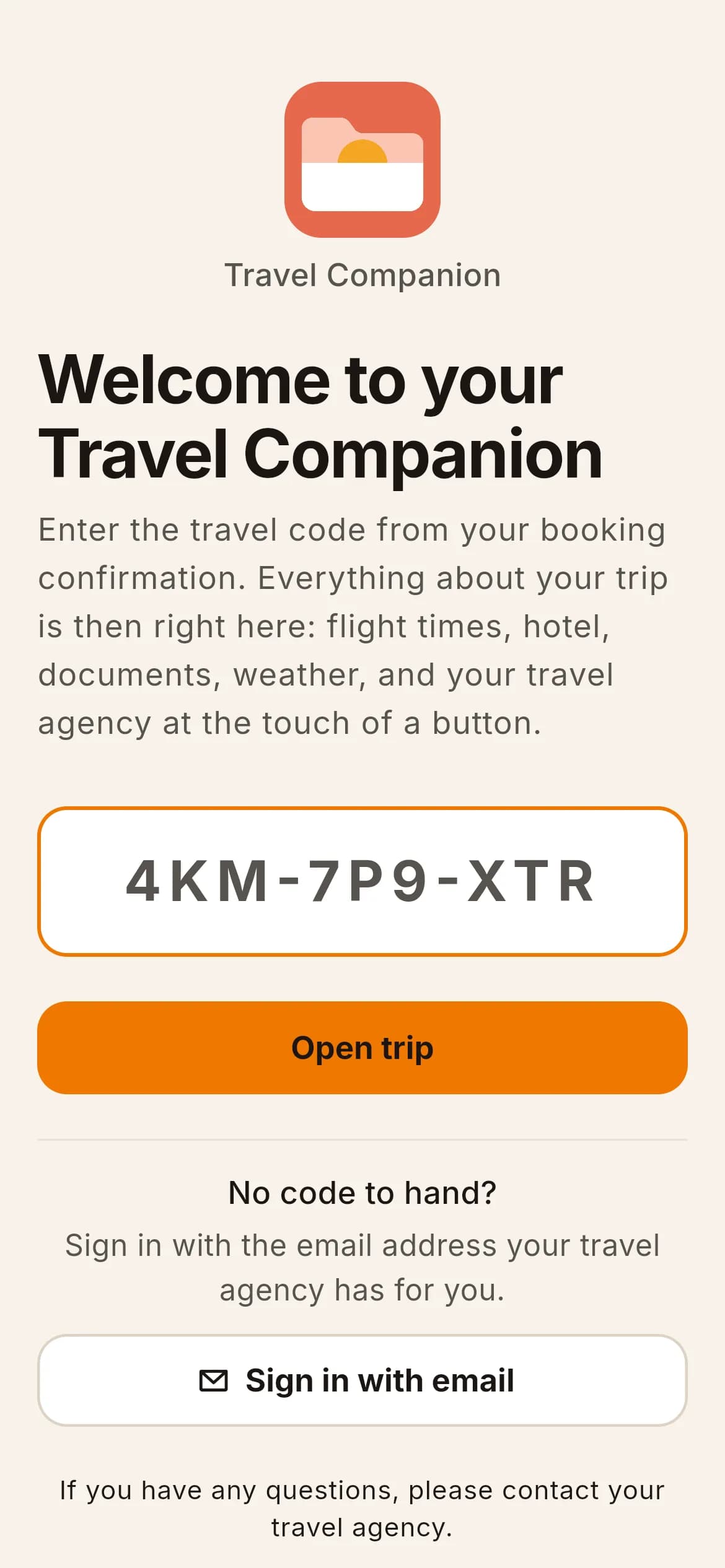 The Travel Companion asking for the travel code