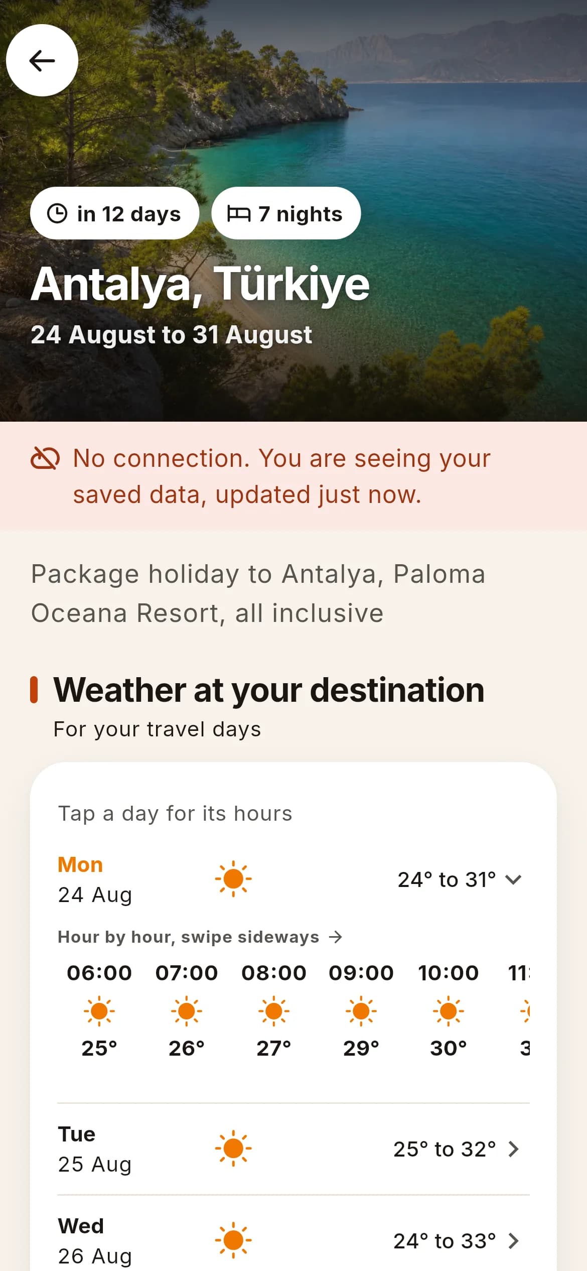 The trip in the Travel Companion, with the notice that there is no connection