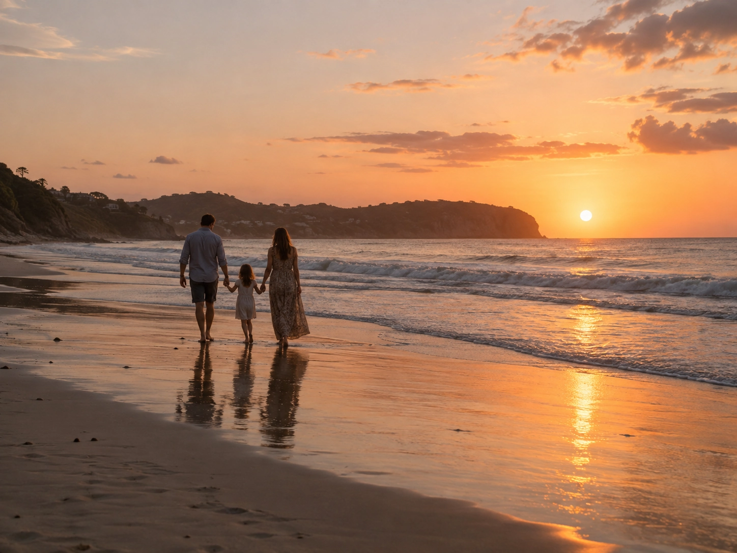 A family walking together on the beach at sunset.