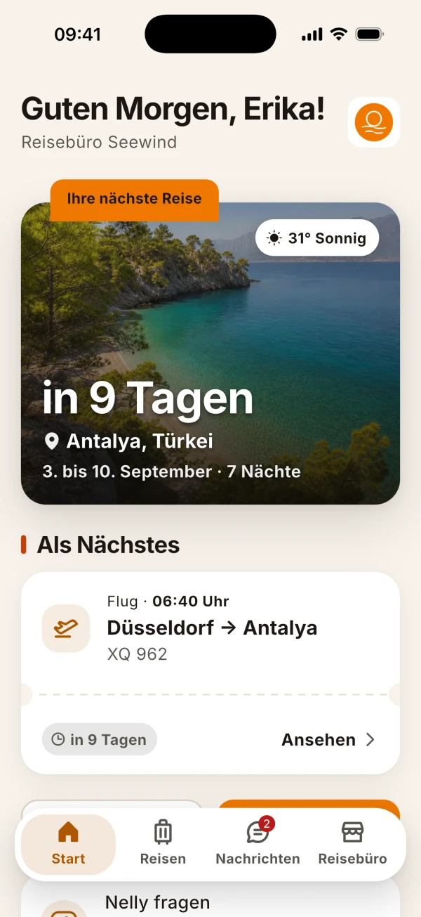 Startbildschirm der App Reisebegleiter mit der nächsten Reise